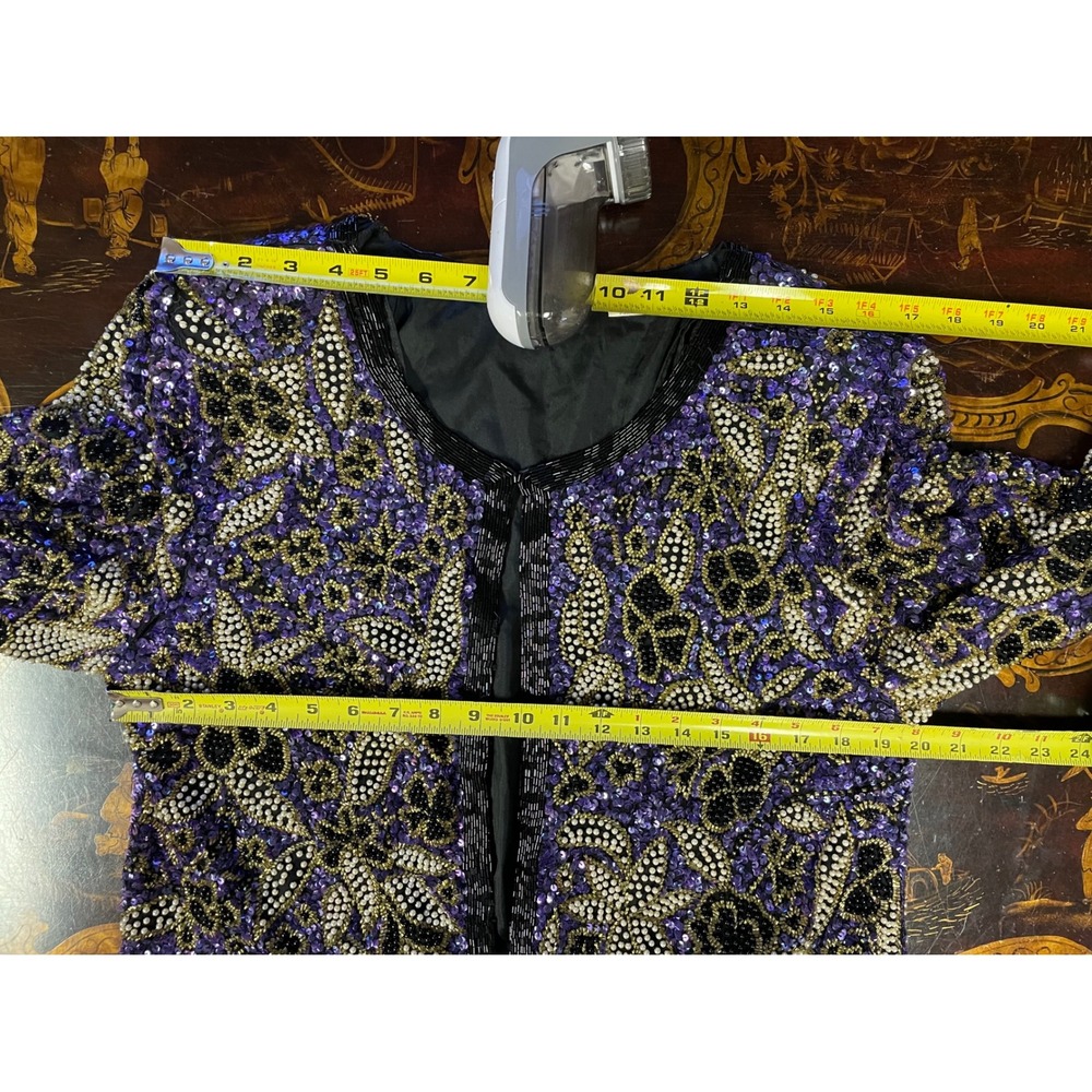 Vtg Stenay Purple Gold Floral Beaded Silk Evening Crop Jacket Bolero Glam XL - Picture 7 of 14